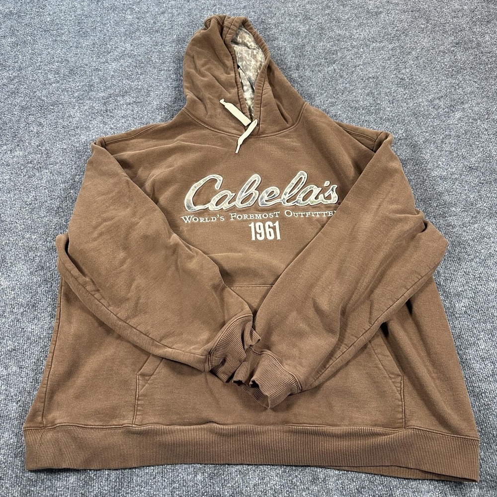 Cabela's Hoodie Mens 3XL Brown Fleece Pullover Sweatshirt 1961 Logo Camo Lined